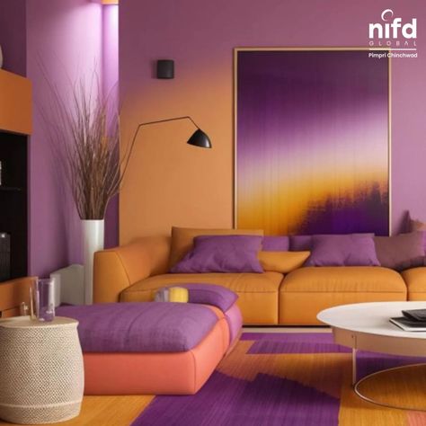 Guess the colour scheme used here! Purple Orange Living Room, Purple And Orange Living Room, Lavender Couch, Orange Office Design, Complementary Interior, Violet Living Room, Colorful Office Space, Room Painting Bedroom, Plum Bedroom