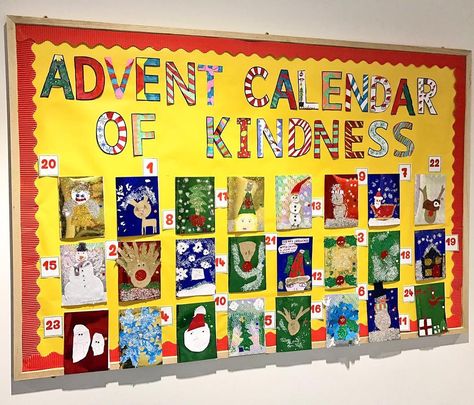 Mrs Ramsay 🌈🍎📚 Primary Teacher on Instagram: “The Advent Calendar of Kindness - 24 days of inspirational messages for the rest of the school behind the doors! One of my favourite…” Advent Calendar Doors, Kindergarten Advent Calendar, Advent Calendar Classroom Ideas, Advent Calendar Bulletin Board Ideas, School Advent Calendar Ideas, Class Advent Calendar Ideas, Class Advent Calendar, Christmas Wall Display School, Advent Calendar Preschool