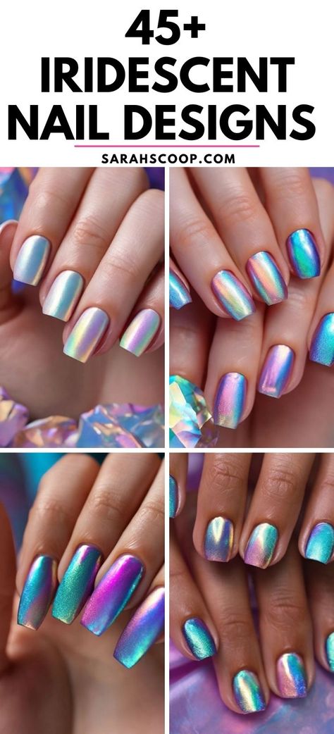 Shimmer in your unique shine with iridescent nails! ✨💅 #naildesigns #nailinspo Ombre Holographic Nails Almond, Iridescent Gel Nail Polish, Iridescent Sparkle Nails, Irridecent Design Nails Short, Holo Nail Art, Shimmer Acrylic Nails, Irredecent Nail Designs, Iridescent Nail Designs, Blue Iridescent Nails