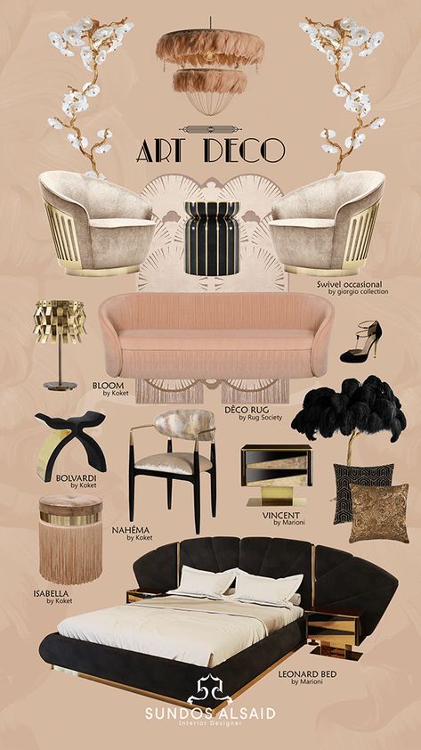 Chanel Inspired Living Room, Art Deco Bedroom Pink And Green, Art Deco Privacy Screen, Art Deco Interior Design Mood Board, Art Deco Apartment Aesthetic, Home Office Art Deco, Vintage Glam Decor Bedroom, Art Deco Bedroom Mood Board, Art Deco Interior Inspiration