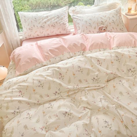 Pale Pink Floral Print Bedding Set | Pastel Aesthetic Bedding - roomtery Floral Print Bedding, Pink Dorm, Pink Shades, Cute Bedroom Decor, Cozy Room Decor, Dream Room Inspiration, Room Makeover Bedroom, Pink Floral Print, Room Makeover Inspiration