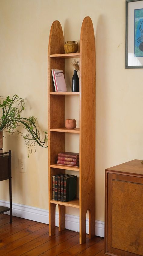 Tall Record Storage, Mid Century Wooden Furniture, Diy Wooden Bookshelf, Mcm Bookshelf, Curved Bookshelf, Boho Bookshelf, Unique Bookshelf, Bookshelf Wood, Tall Bookshelf