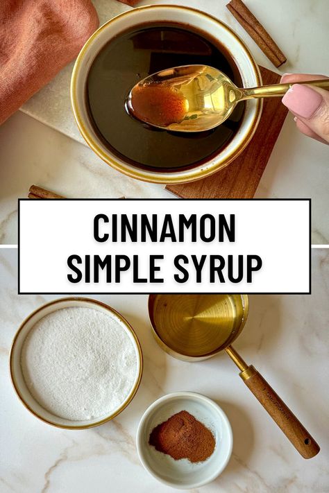 Cinnamon syrup is perfect for coffee or cocktails. This cinnamon simple syrup recipe is easy to make in 10 minutes using 3 simple ingredients: water, sugar, and ground cinnamon. Cinnamon Coffee Syrup Recipe, Easy Syrup Recipes, Maple Cinnamon Simple Syrup, Honey Vanilla Cinnamon Simple Syrup, Honey Coffee Syrup, Fall Simple Syrup, Cinnamon Simple Syrup Recipe, Cinnamon Syrup For Coffee, Cinnamon Sauce Recipe