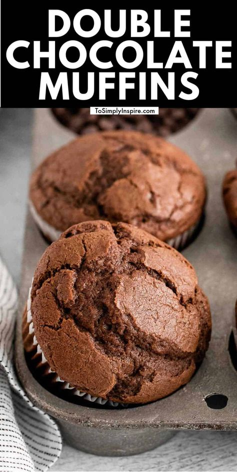 These bakery-style Double Chocolate Muffins are for chocolate lovers and muffin lovers alike! Whip up a batch of this easy recipe in 30 minutes using simple ingredients like flour, sugar, eggs, and two different kinds of chocolate! Small Batch Chocolate Muffins, Chocolate Muffin Recipe Easy, Homemade Chocolate Muffins, Rose Baking, Magic Muffins, Choc Muffins, Chocolate Chip Muffins Easy, Healthy Chocolate Muffins, Mini Muffin Recipe