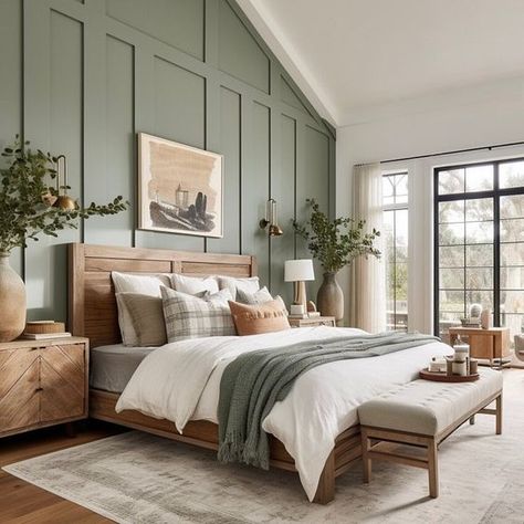 Ivory Green Bedroom, Sw Green Bedroom, Beige Bedroom Green Accents, Modern Boho Bedroom Green, Sage Accent Bedroom, Sage Master Bedrooms Decor, Cozy Light Bedroom, Gray Sage Bedroom, Cream And Sage Bed