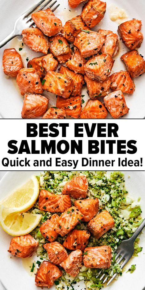 Salmon bites on a white plate topped on vegetables Salmon Cubed Recipes, Chicken And Salmon Dinner, Easy Meals With Salmon, Salmon Tips Recipe, Salmon Lunch Box Ideas, Salmon Diet Recipes, Quick And Healthy Meal Prep, Food Prep Dinner Ideas, Low Carb Fish Recipes For Dinner