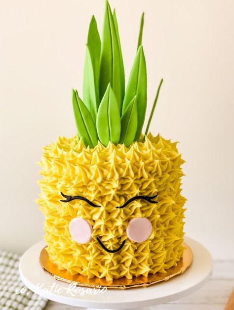 Learn how to make this adorable pineapple cake for beginner bakers! This pineapple cake is beyond cute. It's a fun characterization of a pineapple, almost like a plush toy, but it's a cake! This pineapple cake is great for many occasions like kid's birthday parties, tropical theme parties, or summer entertaining! #xokatierosario #pineapplecake #fondantpineapplecake #cakedecoratingtips #summercakeideas Pineapple Shaped Cake, Hey Bear Cake, Summer Birthday Cake Ideas, Tropical Themed Cake, Summer Birthday Cake, Layer Cake Filling, Tropical Cake, Beach Cake, Pineapple Birthday