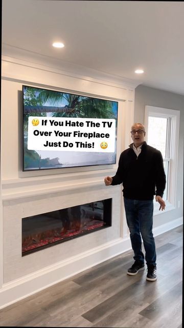 Fireplace On One Wall Tv On Another, Tv Over Fireplace No Mantle, Black Fireplace With Floating Shelves, Low Gas Fireplace With Tv Above, Faux Fireplace Ideas With Tv, Low Mounted Tv Over Fireplace, Long Fireplace With Tv Above, Tv Too Big For Fireplace, Living Room Decor With Fireplace And Tv