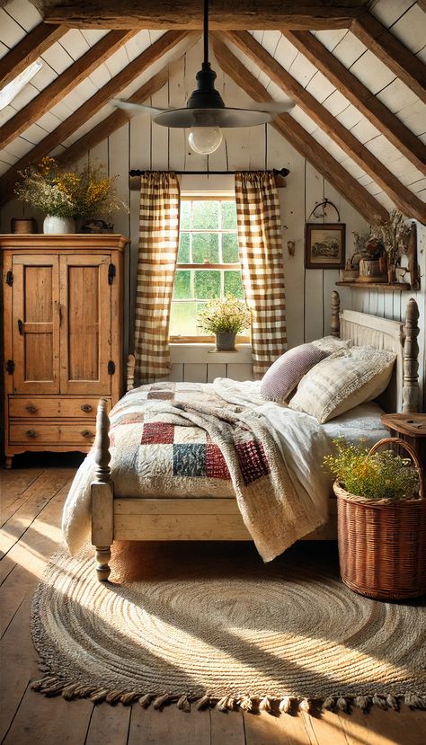 🌾 21 Dreamy Farmhouse Bedroom Decorating Ideas You Can't Resist! 🌾 Small Wooden Cottage House, Rustic Farm Bedroom, Old Farmhouses, Barn Bedroom, Farm Bedroom, Gingham Curtains, Vintage Armoire, Country Rose, Cabin Bedroom