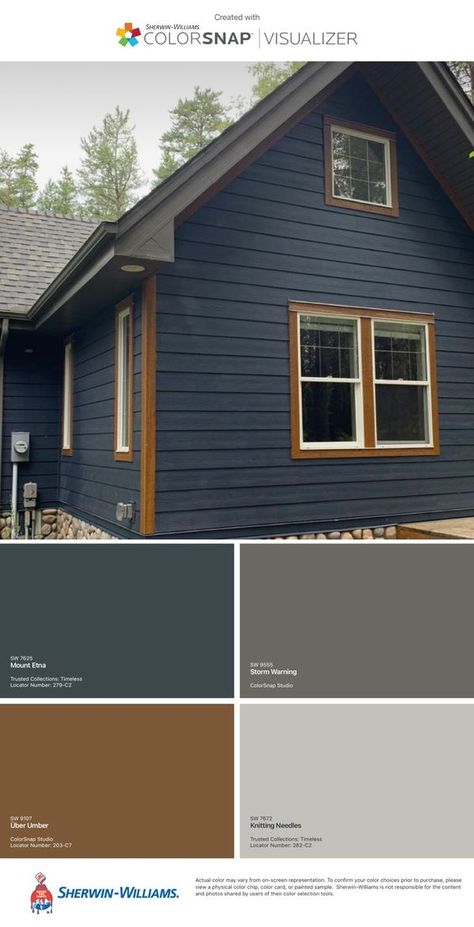 Dark Navy Exterior House, Siding And Shutter Colors Combinations, Charcoal Grey House Exterior, Dark Blue House Exterior With Wood, Slate Blue House Exterior, Blue Siding House, Beige House Exterior, Cabin Paint Colors, Dark Blue House Exterior