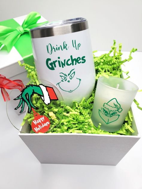 Grinch Gifts Ideas, Grinch Gift Box Ideas, The Grinch Gift Basket, Grinch Wine Tumbler, Grinch Gift Basket Ideas, Drink Up Grinches Tumbler, Grinch Christmas Basket Ideas, Grinch Box Ideas, Grinch Basket Ideas