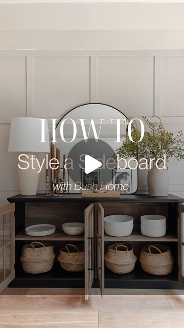 Sarah Ames | Attainable Home Design on Instagram: "How to style a sideboard + a free visual styling guide when you comment WESTBROOK. Plus use code SARAH20 for 20% off your order.  I’m loving the design of the Westbrook sideboard by @bushhome_furniture. I can’t get enough of the exposed wood finish that can be seen through the pane glass doors. The doors are also a beautiful way to store but also display your favourite serving wares. Plus the shelves are deep, allowing for larger items to fit perfectly.  .  . . . . . . #HowToStyle  #StylingTips #InteriorDesignTips #interiorstyling #HomeTips #DesignTips #DecorTips #HomeBlogger #diningroomdecor #diningroomdesign #sideboardstyling #Decoratingtips #interiordesign #interioredesigner #interioredesign" Sideboard Styling Decor Ideas, Decorating A Sideboard, Side Board Decor Ideas, Styling Sideboard, Dining Room Sideboard Styling, Style A Sideboard, Side Board Decor, How To Style A Sideboard, How To Decorate A Sideboard