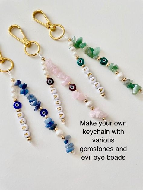 Make Your Own Keychain, Protection Keychain, Keychain Beaded, Selling Stuff, Keychain Craft, Crystal Keychain, Name Keychain, Evil Eye Beads, Beaded Keychain