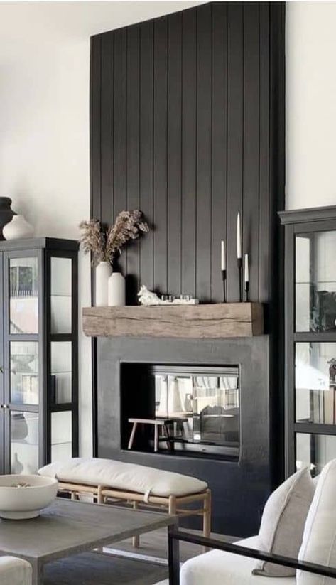 Black And Wood Fireplace Surround, Black Trim Fireplace, Vertical Panel Fireplace, Rooms With Black Fireplaces, Tricorn Black Tv Wall, Vertical Shiplap Fireplace Wall With Tv, Black Fireplace Wall Shiplap, Modern Craftsman Fireplace Ideas, Black Shiplap Above Fireplace