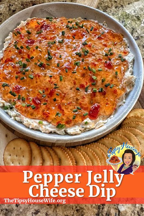 The photo shows a cheese dip with pepper jelly on top in a bowl with crackers surrounding for dipping. The brightly colored banner displays the name of the recipe, "Pepper Jelly Cheese Dip." Pepper Jelly Cheese Dip, Pepper Jelly Recipes, Delicious Dips Recipes, Appetizers Easy Finger Food, Best Appetizer Recipes, Dip Recipes Easy, Pepper Jelly, Jelly Recipes, Pepper Jack Cheese