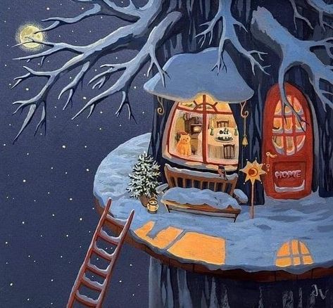 Artist Julia Vaihicheva New Year Friends, Happy New Year Friends, Houses Art, Fairy Tree Houses, Storybook Art, Just A Dream, Fairy Tree, Winter Illustration, Illustration Ideas