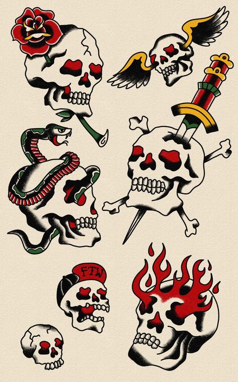 Flash Tattoos American Traditional, Tradition Skull Tattoo, Skull Traditional Tattoo Design, Classic Skull Tattoo, American Traditional Skulls, Skull Tattoos Traditional, Traditional Skull Tattoo Old School, Traditional Skull Flash, Skull Flash Art