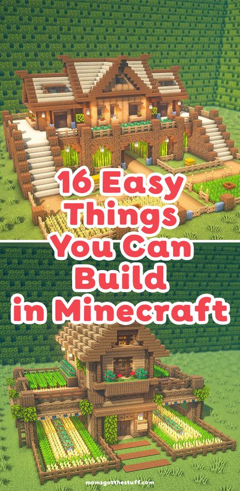 Are you a fan of Minecraft? I've got you covered with these cool and easy builds. There are houses, survival houses, statues, treehouses and more. Challenge yourself to go beyond the basics and create something special. Take your creativity to the next level by building one of these awesome structures. Easy Minecraft Farmhouse, Minecraft Farmhouse Ideas Easy, Easy Things To Build In Minecraft Survival, Minecraft Building Ideas House Step By Step, Minecraft House Materials, Cute Easy Minecraft Houses Survival, Minecfrat Houses Easy, Basic Minecraft Houses Floor Plans, Minecraft Houses Survival Blueprints