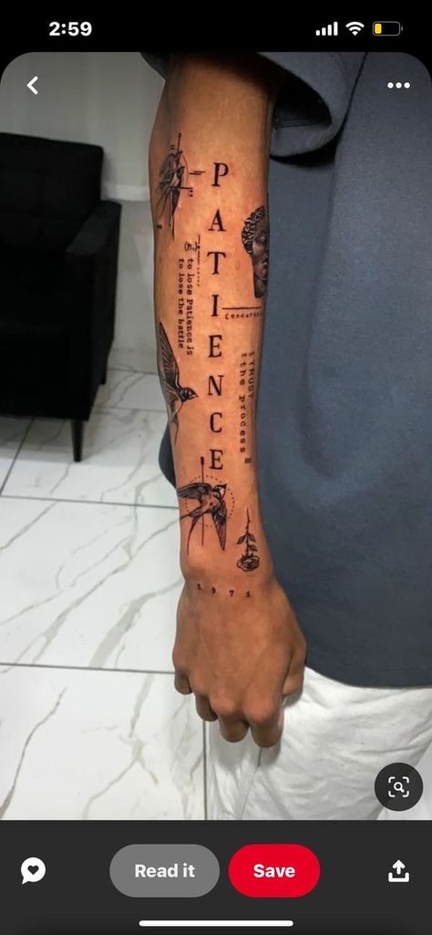 Men Tattoos Arm Sleeve Simple, Patience Forearm Tattoo, Id Ego Superego Tattoo, Born To Lead Tattoo, Back Of Forearm Tattoo Men Sleeve, Determination Tattoo Ideas, Organized Chaos Tattoo, Guy Tattoos Ideas, Tattoo Forearm Mens