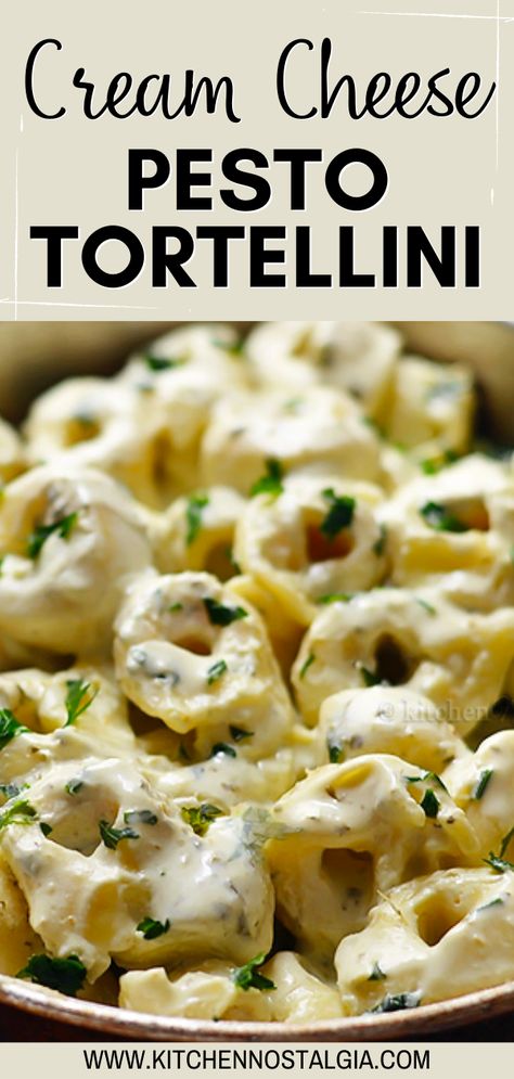 This Cream Cheese Pesto Pasta dish only requires three ingredients and will be on your table in just about five minutes! The creamy pesto sauce pairs perfectly with the pasta, and makes for a delicious and easy meal. This dish is perfect for a quick and easy weeknight meal. Cream Cheese Pesto Pasta, Cheese Pesto Pasta, Creamy Pesto Pasta Recipe, Recipes Using Pesto, Easy Tortellini Recipes, Pesto Pasta Dishes, Cheese Tortellini Recipes, Pesto Dishes, Kitchen Nostalgia