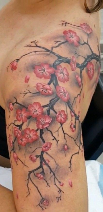 Cherry Blossom Tattoo Arm Half Sleeves, June Tattoo, Japanese Cherry Blossom Tattoo, Skull Tattoo Flowers, Sakura Tattoo, Tattoos Inspo, Tattoos For Women Flowers, Tattoos For Women Half Sleeve, Upper Arm Tattoos