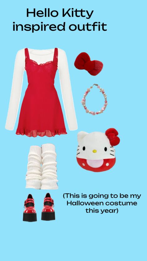 Hello Kitty costume #hellokitty #halloweencostume Hello Kitty Halloween Costume, Hello Kitty Costume, Kitty Costume, Custom Jeans Diy, Horror Halloween Costumes, Cute Group Halloween Costumes, Matching Outfits Best Friend, Pretty Halloween Costumes, Duo Halloween Costumes