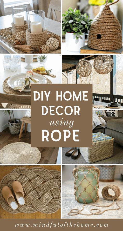 These DIY rope crafts make perfect additions to coastal and rustic home decor. Best part? You can find rope at the dollar store, making these projects super budget-friendly! Check out these awesome home decor ideas using rope, such as rugs, baskets, placemats, and more! #DIY #rope #crafts #homedecor #mindfulofthehome Diy Jute Rope Projects, Dyi Projects For The Home Furniture How To Make, Jute Home Decor Diy Projects, Craft Rope Ideas, Crafts With Twine Diy Projects, Rope Diy Ideas Home Decor, Diy Rope Projects, Diy Rustic Placemats, Crafts For Home Decor Diy