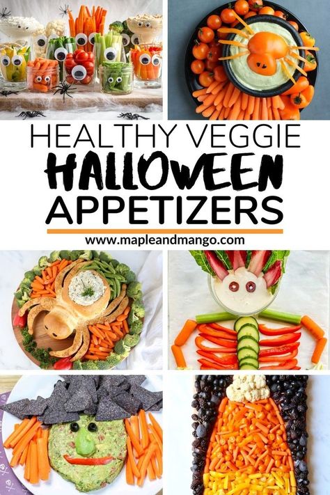 Looking for an easy Halloween appetizer, fun veggie tray idea for a Halloween party or healthy Halloween snack or side dish? Then check out this super easy Monster Halloween Veggie Tray (plus more fun ideas!). It transforms regular veggies and dip into a spooky and cute Halloween veggie platter that is kid friendly and perfect for parties! | www.mapleandmango.com Halloween Veggie Pizza Ideas, Halloween Food Veggie Tray, Veggies For Halloween Party, Halloween Party Food Veggie Tray, Halloween Healthy Charcuterie Board, Halloween Inspired Veggie Tray, Pumpkin Veggie Tray Ideas, Fall Fruit And Veggie Tray, Halloween Vegi Tray