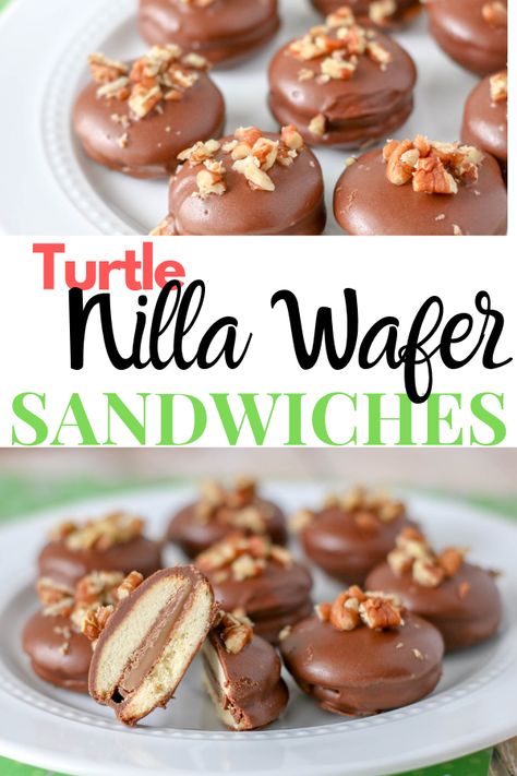 Easy Turtle Nilla Wafer Sandwiches - Thrifty Mommas Tips Nilla Wafer Sandwich Cookies, Nilla Wafer Cookies, Nilla Wafer Recipes Easy, Nilla Wafers And Rolos, Rolo Nilla Wafer, Nila Wafer Recipes, Nilla Wafers Recipes, Mini Nilla Wafer Recipes, Nilla Wafer Desserts