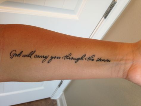 Tattoos Ideas For Moms, God Related Tattoos Women, Side Arm Tattoos For Women Quotes Bible, God Quote Tattoo, Original Tattoos Unique Women, Womens Strength Tattoo Ideas, Tattoo Ideas Female Meaningful Quotes Arm, Thigh Tats For Women Words, Trendy Tattoos 2024