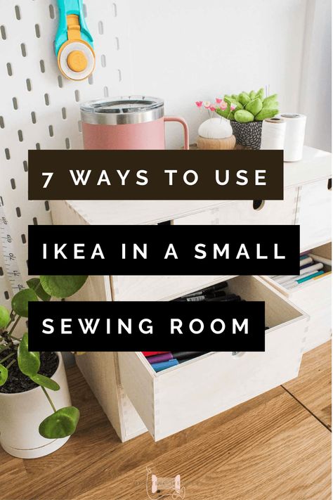 Organize Sewing Room Small Spaces, Ikea Hack Sewing Room, Corner Sewing Space, Sewing Room Small Space Ideas, Ikea Hacks Sewing Room, Closet Sewing Space Diy, Sewing Table Hack, Small Sewing Studio Ideas, Ikea Fabric Storage