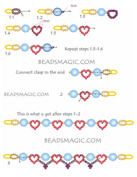 Seed Beads Patterns Free, Heart Beaded Bracelets Pattern, Beaded Bracelets Tutorial Heart, Seed Bead Chain Patterns, Heart Bracelet Pattern Beads, Seed Bead Patterns Heart, Bracelet Bead Tutorial, Heart Beading Pattern, How To Make A Heart Bead Bracelet