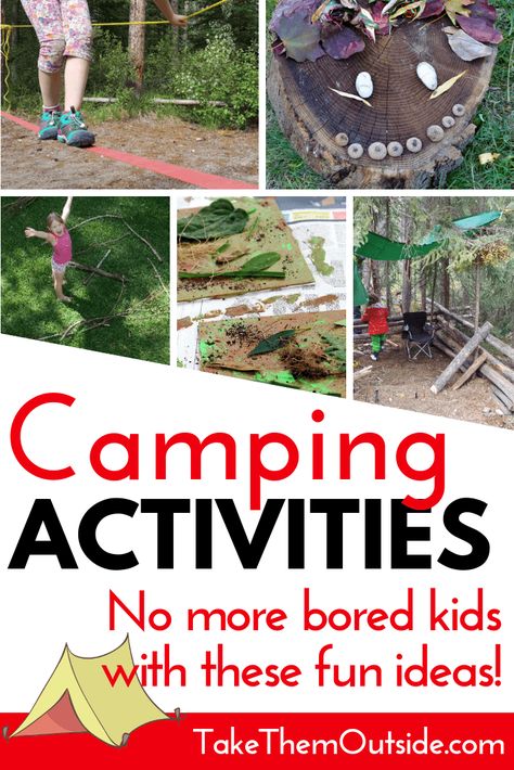 No more bored kids at the campsite with this list of fun and easy camping activities for families. You'll find camping crafts, campfire games, outdoor activities, board game suggestions and more. #campingfun Fun Camping Games For Families, Camp Fun For Kids, Birthday While Camping, Campsite Activities For Kids, Fun Camping Activities For Kids, Birthday At Campground, Camping Family Games, Fall Camping Activities For Kids, Camping For Kids Activities