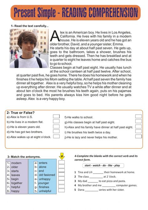 Present Simple Comprehension, Esl Reading Comprehension Worksheets, Middle School Reading Worksheets, Reading Comprehension For High School, Reading Text For Intermediate, Reading Comprehension Grade 8, Reading Comprehension Grade 5, Grade 5 Reading Comprehension Worksheets, Daily Activities For Kids