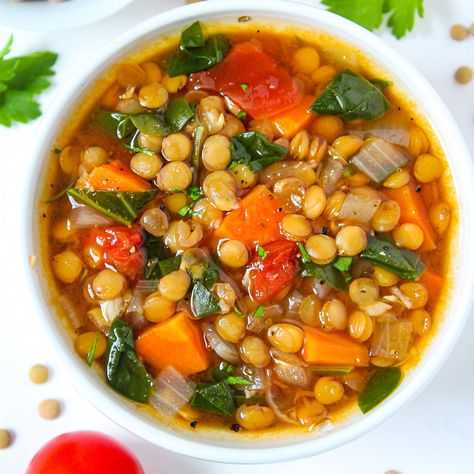 This easy Lentil Spinach Soup recipe comes together in one pot with veggies, warm spices, and protein-rich lentils! It's nutrient-dense, budget-friendly, and freezer-friendly. Plus easy to customize! (Vegan, gluten-free, oil-free.) Lentil Spinach Soup, Spinach Soup Healthy, Spinach Lentil Soup, Lentil Spinach, Vegan Lentil Recipes, Butter Bean Soup, Lentil Recipes Easy, Lentil Vegetable Soup, Spinach Soup Recipe