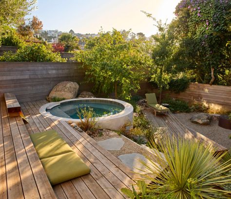 Outdoor Hot Tub, Landscape Steps, Fence Designs, Australian Garden, Dream Yard, Water Gardens, White Picket Fence, Small Pools, Outdoor Spa