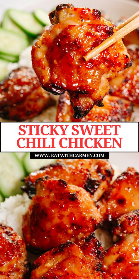 Enjoy the perfect blend of sweet and spicy with our Sticky Sweet Chili Chicken Thighs in Air Fryer recipe! Elevate your dinner game with these succulent chicken thighs, coated in a sticky and flavorful glaze. Indulge in the irresistible combination of sweet and spicy chicken, perfect for lovers of Asian-inspired cuisine. Whether you're a fan of spicy baked chicken or crave the bold flavors of spicy Korean chicken, this dish is sure to satisfy. Air Fryer Chicken Thigh Recipes Boneless, Chicken Thigh Boneless Skinless Recipes, Chicken Thigh Asian, Sweet Chili Chicken Thighs, Chicken Thighs In Air Fryer, Boneless Skinless Chicken Thigh Recipes, Braised Beef Recipes, Spicy Korean Chicken, Chicken Thighs Dinner