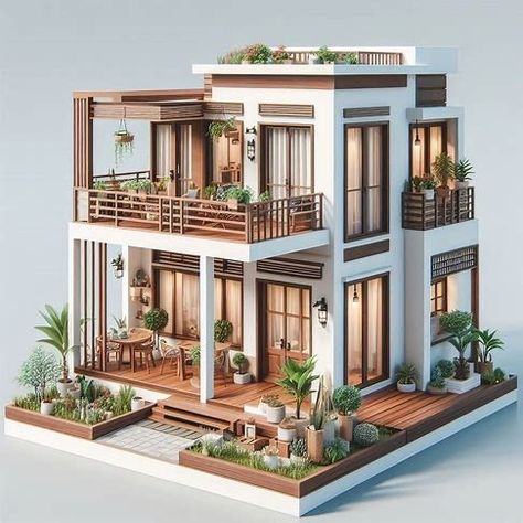 Charming, multi-story house design model with a modern architectural style. The house features a white exterior with brown wooden accents, including doors, window frames, and railings. The layout includes a spacious wooden deck on the ground floor, surrounded by potted plants. The second floor has a balcony with additional greenery and a small seating area. The house is surrounded by various plants, adding to its cozy and inviting atmosphere. - Image Creator von Microsoft Designer 2 Story Building Design, Sims 4 Small Floor Plans, 3 Story Small House Design, Small Modern House Layout, Sims Balcony, Modern House Ideas Exterior, Sims Vacation House, Plant House Exterior, Vacation Home Layout