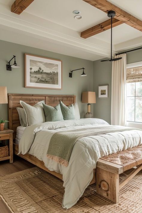 29 Sage Green Farmhouse Bedroom Ideas for a Refreshing Retreat 12 Sage Green Natural Wood Bedroom, Sage Rustic Bedroom, Bedroom Ideas Green And Wood, Green Earth Tones Bedroom, Nature Bedroom Decor Ideas, Rustic Wooden Bedroom Ideas, Rustic Farmhouse Guest Bedroom, Green Bedroom With Wood Furniture, Hobo Style Bedroom