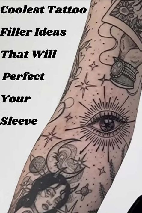 Coolest Tattoo Filler Ideas That Will Perfect Your Sleeve - Tattoo Glee Make Sleeve Tattoo, Women Tattoo Fillers, Gap Filler Tattoo Ideas Women, Star Sleeve Filler, Filler For Sleeve Tattoo For Women, Star Gap Filler Tattoo, Background For Tattoos Sleeve, Best Filler Tattoos, Fill In Arm Tattoo Ideas