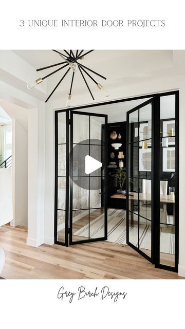 Kathryn Chiampi on Instagram: "Of all the custom touches we have added to our home, these interior doors are the biggest showstoppers! Comment “DOORS” for links to each one and discount codes for some of them too!

The first set of doors we added right when we moved in were the frosted glass and metal pantry doors. We have two, one is a single door and the other is a french door on our second pantry. They add so much to our kitchen, I love them!

Towards the end of last year we installed the bookcase doors that lead to our hidden movie room. They are the coolest doors ever and any time someone comes over they are shocked they are actually doors and there is a whole room behind them!

Just last month we installed the glass and metal french doors on our home office and they are truly a stunn Interior Home Office Doors, Black French Doors Interior, Glass Door Office, Metal French Doors, Bookcase Doors, Black French Doors, Home Office Doors, Hidden Movie, Bookcase Door