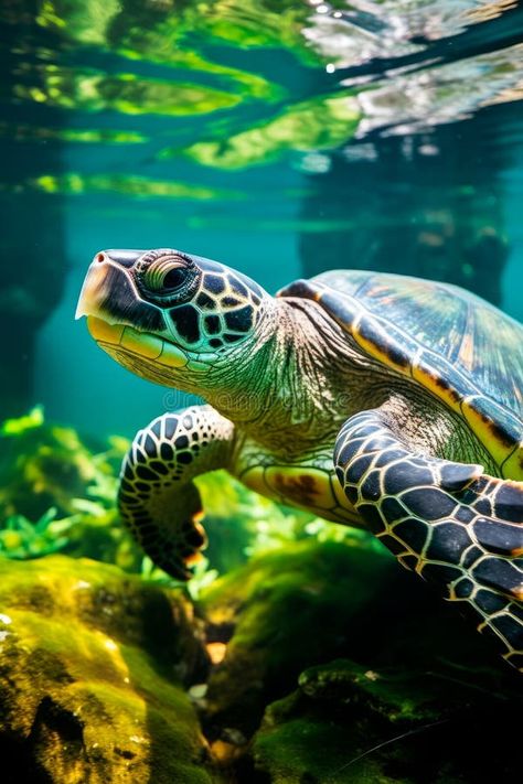 Green sea turtle swims underwater close-up stock photo Sea Turtles Photography Wallpaper, Sea Turtle Close Up, Sea Turtle Scientific Illustration, Turtle Underwater Painting, Sea Turtle Photography Underwater, Loggerhead Sea Turtle, Ocean Turtle, Turtle Images, Turtle Swimming Underwater