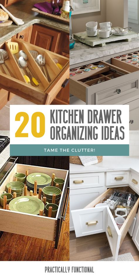 Disorganized kitchen drawers driving you crazy? Tame the clutter with these 20 kitchen drawer organization ideas! Must Have Kitchen Drawers, Kitchen Storage Drawer Ideas, Only Drawers In Kitchen, How To Organize Kitchen Utensil Drawer, Kitchen Utinsel Drawer Organization, Drawer In Drawer Kitchen, Pull Out Kitchen Cabinets Drawers, Cooking Utensil Drawer Organization, Island Drawers Organization