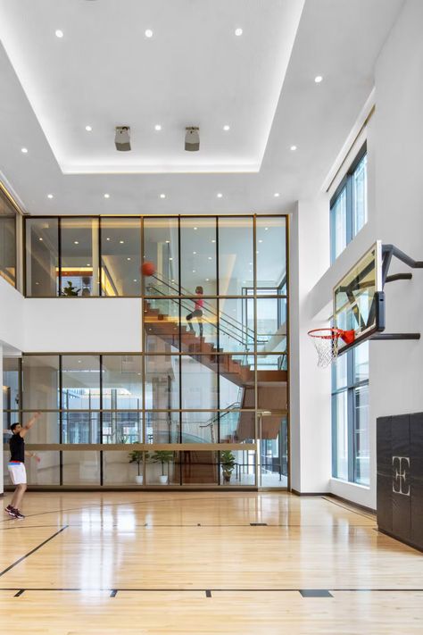 Basketball Home Court, In Home Basketball Court, Dream Basketball Court, Basketball Court At Home, Basketball In House, Basketball Court House, Indoor Sports Room, At Home Basketball Court, Basement Basketball Court