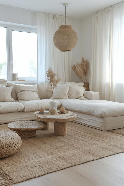 Clean Aesthetic Home Decor, Modern Boho Minimalist Living Room, Modern Boho Apartment Decor, Tulum Decor Inspiration Living Room, Serene Apartment Aesthetic, Boho Decorations Living Room, White Sofas Living Room Ideas, Clean Aesthetic House, Bali Living Room Ideas