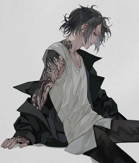 Tattooed Oc Male, Kuroshirox Twitter, Hair Styles References Drawing Male, Guy With Black Hair Drawing, Kuroshiro Art, Male Oc With Black Hair, Anime Markings, Oc Art Character Design Male, Xiao Tattoo