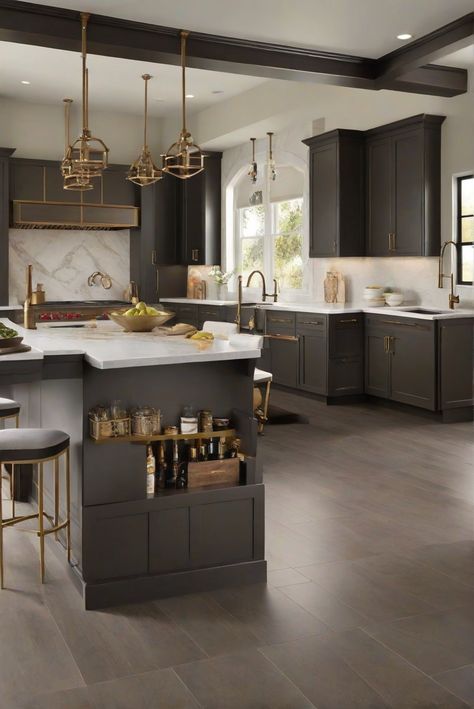 Dive into the sleek elegance of Urbane Bronze with this daily interior designer routine, adding refined sophistication to your kitchen decor. Are you ready for SW's stylish hue? #Ad #homedecor #homedesign #kitchen #Painthome interiorarchitecture best Wall Colors for kitchen Colors Bright Room Colors best colors combinations 2024 Home Remodeling Modern Paint Colors Grey And Bronze Kitchen, Urbane Bronze Cabinets Kitchen, Moody White Kitchen, Urban Bronze Kitchen Island, Iron Ore Vs Urbane Bronze, Urban Bronze Kitchen, Urban Bronze Kitchen Cabinets, Urbane Bronze Kitchen Cabinets, Bronze Kitchen Cabinets