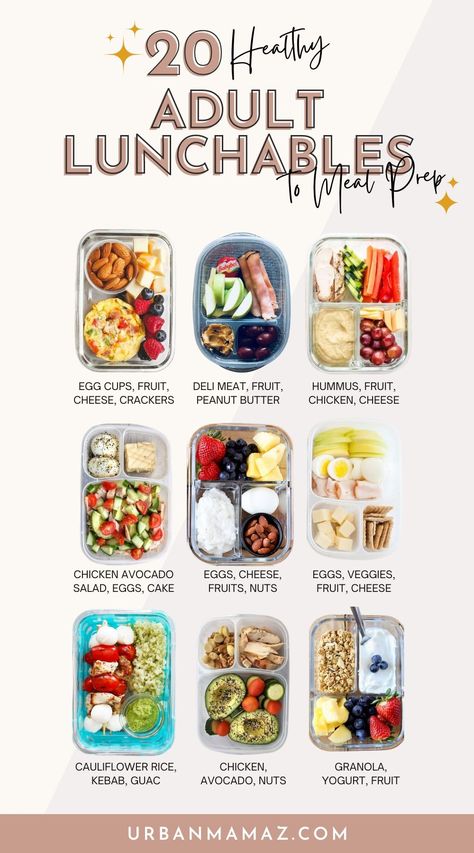 Looking for healthy adult lunchables to meal prep? Check out this list of 20 adult lunchables to meal prep! Low Carb Lunchables For Adults, Lunch Snack Boxes For Adults, Kids Lunch Meal Prep, Healthy Lunch Box Ideas For Work, Prep Food For The Week Ideas, Vegetarian Lunchables, Adult Lunchables Vegetarian, Gluten Free Bento Box Lunch For Adults, Bento Lunch Ideas For Work