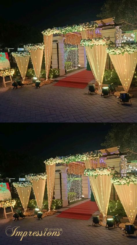 Marriage Hall Decoration, Stage Decoration Photos, Wedding Tent Decorations, Small Wedding Decor, Engagement Stage Decoration, Wedding Gate, Reception Stage Decor, Simple Stage Decorations, Night Wedding Decor