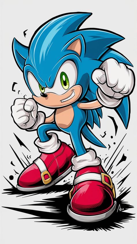 A vibrant cartoon-style illustration of Sonic the Hedgehog in full action mode. Sonic stands confidently with his signature smirk, ready for adventure, with bright red shoes and his iconic blue spikes. The dynamic black streaks behind him enhance the sense of speed and movement, capturing Sonic's electric energy and determination in every detail Sonic Rings Wallpaper, Sonic The Hedgehog Design, Hyper Sonic Wallpaper, Sonic Illustration, Sonic The Hedgehog Icons, Chibi Sonic, Sonic The Hedgehog Art, Sonic Crossover, Sonic Cartoon